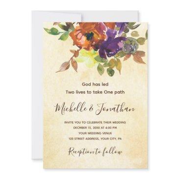 burnt orange purple floral christian wedding invitation