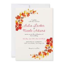 Small Burnt Orange Tropical Hibiscus Florals Wedding Invitation Front View