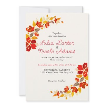 burnt orange tropical hibiscus florals wedding invitation