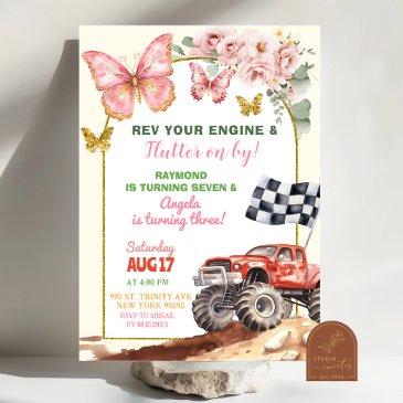 butterflies and monster truck joint birthday invitation