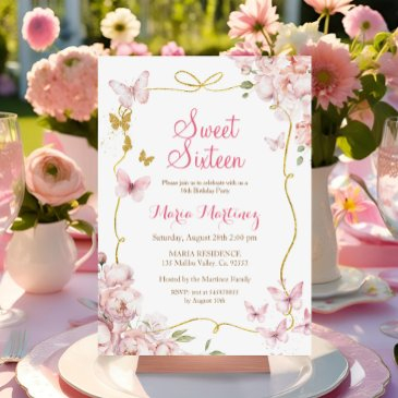 butterflies flowers with gold glitter sweet 16 invitation