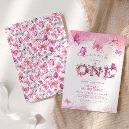 Small Butterfly 1st Birthday Baby Girl Pink Gold Dust Invitation Front View