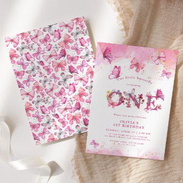 butterfly 1st birthday baby girl pink gold dust invitation