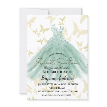 butterfly dance green dress gold sweet 16 party in invitation