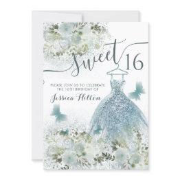 Small Butterfly Floral Garden Blue Dress Sweet Sixteen Invitation Front View