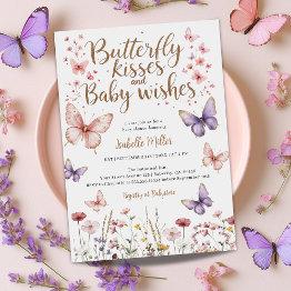 Small Butterfly Girl Baby Shower Purple Floral Pink Invitation Front View