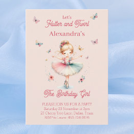 Small Butterfly Pink Girl Ballerina Birthday Party Invitation Front View