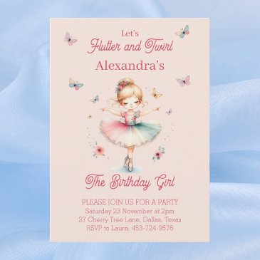 butterfly pink girl ballerina birthday party invitation