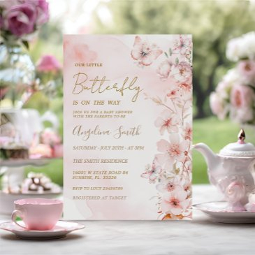 butterfly pink rose garden girl baby shower invitation