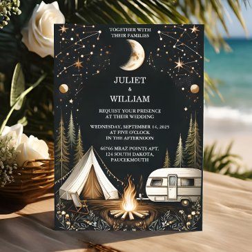 by cabin forest wood sky tree fire camping wedding invitation