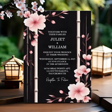by wood bamboo pink sakura cherry blossom wedding invitation