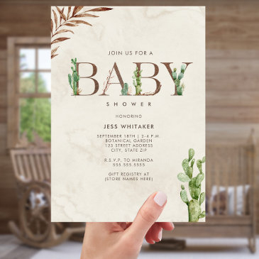 cactus leather inspired western unisex baby shower invitation