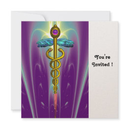 Small Caduceus Blue Pink Violet Purple Amethyst Gold Invitation Front View
