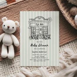 Small Cafe Bebe Sage Stripes Baby Shower Invitation Front View