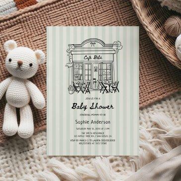 cafe bebe sage stripes baby shower invitation