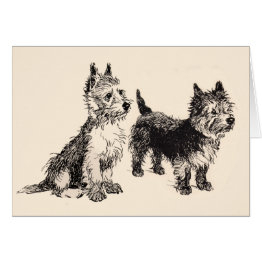Small Cairn Terriers Vintage Pen & Ink Front View
