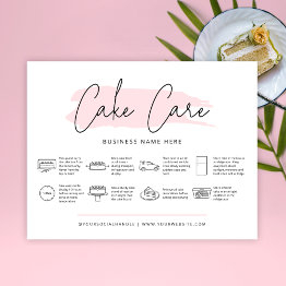 Small Cake Care Invitations Instructions Girly Pink Watercolor Front View