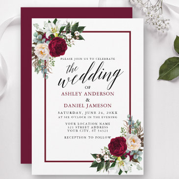 calligraphy burgundy frame greenery floral wedding invitation