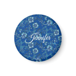 Small Calligraphy Elegant Blue Floral Custom Name Magnet Front View