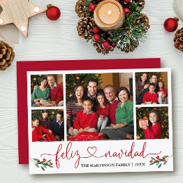 Small Calligraphy Heart Feliz Navidad Holly Red Holiday Invitations Front View