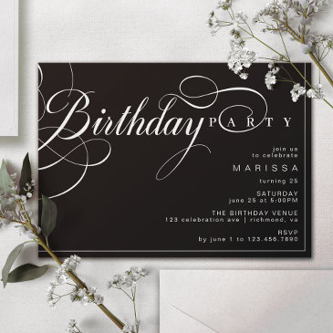 calligraphy script | elegant moody black birthday invitation