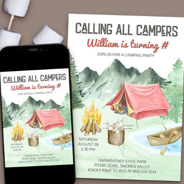 calling all campers boys birthday camping party invitation