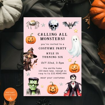 calling all monsters costume halloween birthday invitation