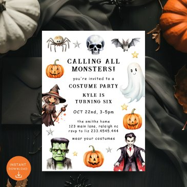 calling all monsters costume halloween birthday invitation