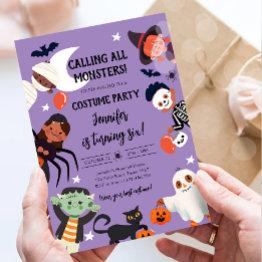 Small Calling All Monsters Halloween Costume Birthday Invitation Front View