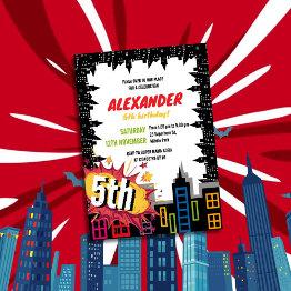 Small Calling All Superheroes City Building Birthday Invitation Front View
