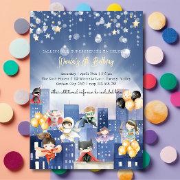 Small Calling All Superheroes Kids Birthday Invitation Front View