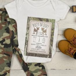 Small Camo Deer Buck Or Doe Baby Gender Reveal Party Invitation Front View