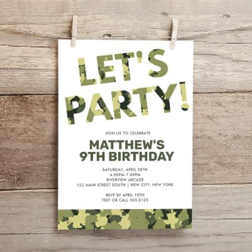 camouflage birthday, let's party green camo invitation