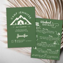 Small Camping Glamping Camp Green Bachelorette Party Invitation Front View