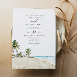 Small Cancun Mexico Watercolor Beach Wedding Invitation Front View