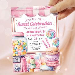 Small Candy Land Pink Sweet Celebration Birthday Invitation Front View