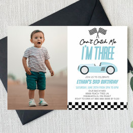 Small Can't Catch Me Blue Race Car 3rd Birthday Party Invitation Front View