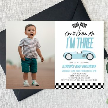 can't catch me blue race car 3rd birthday party invitation