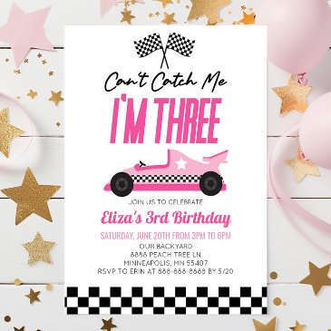 can't catch me pink race car 3rd birthday party invitation