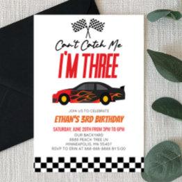 Small Can't Catch Me Red Race Car 3rd Birthday Party Invitation Front View
