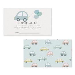 Small Car With Balloons Blue Boy Diaper Raffle Ticket Enclosure Invitations Front View