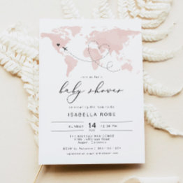 Small Carmen Blush Pink Map Travel Adventure Baby Shower Invitation Front View