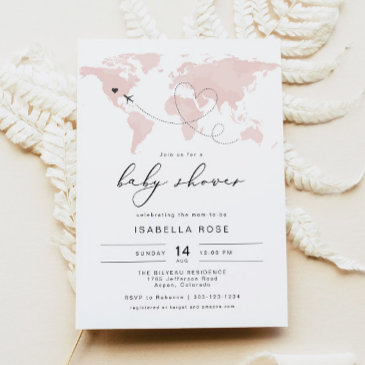 carmen blush pink map travel adventure baby shower invitation
