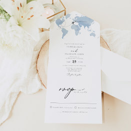 Small Carmen Dusty Blue Map Travel Destination Wedding A All In One Invitation Front View