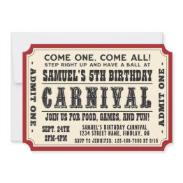 Small Carnival Ticket Admit One Birthday Party, Any Age Invitation Front View