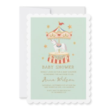 carousel pastel sage green cute baby shower invitation