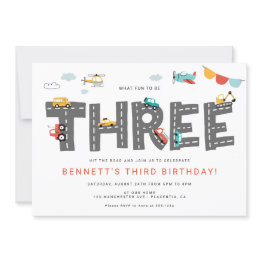 Small Cars & Trucks City Transportation Third Birthday Invitation Front View