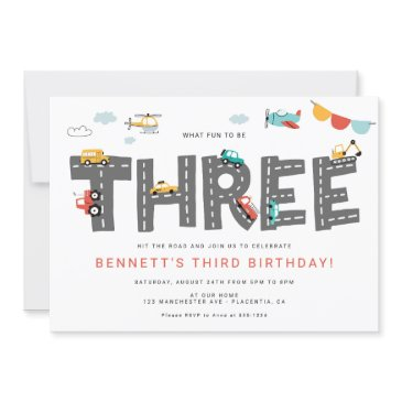 cars & trucks city transportation third birthday invitation