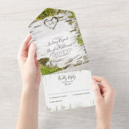 Small Carved Birch Tree Heart Rustic Country Wedding All In One Invitation Front View