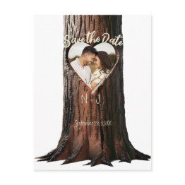 Small Carved Heart Tree Stump Rustic Save The Date Photo Announcement Postinvitations Front View